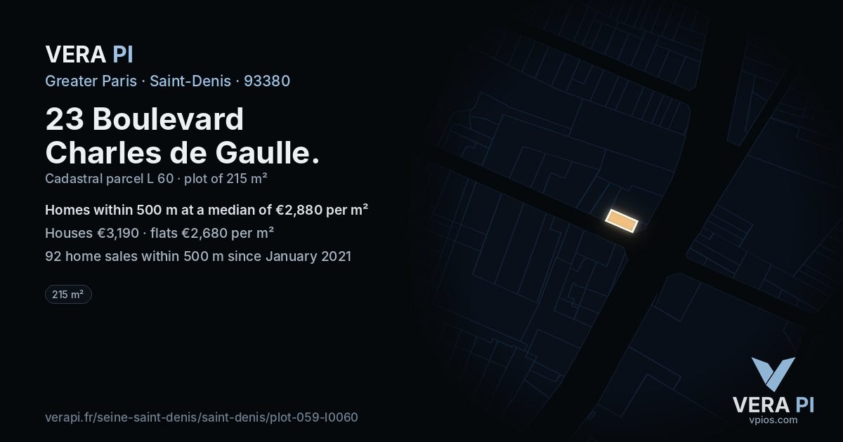 23 Boulevard Charles de Gaulle, Saint-Denis at night – the plot lit, the parcels around coloured by the prices near them