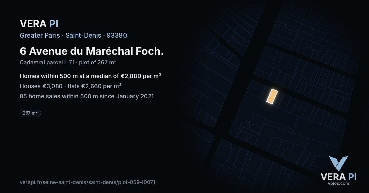 6 Avenue du Maréchal Foch, Saint-Denis at night – the plot lit, the parcels around coloured by the prices near them