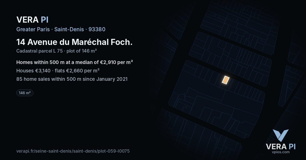 14 Avenue du Maréchal Foch, Saint-Denis at night – the plot lit, the parcels around coloured by the prices near them