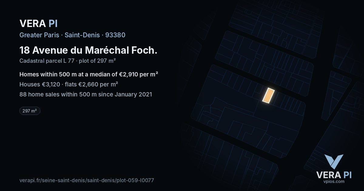 18 Avenue du Maréchal Foch, Saint-Denis at night – the plot lit, the parcels around coloured by the prices near them