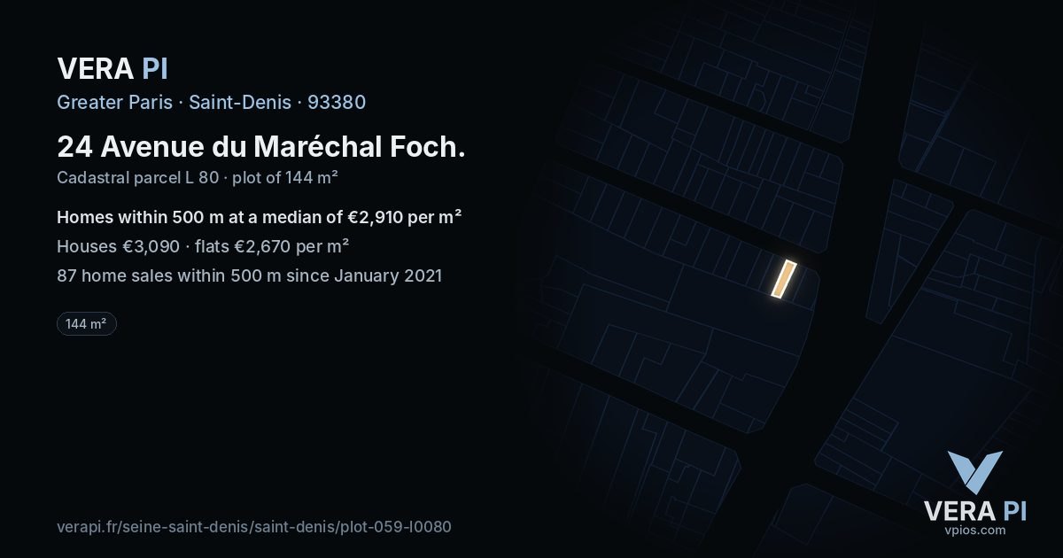 24 Avenue du Maréchal Foch, Saint-Denis at night – the plot lit, the parcels around coloured by the prices near them