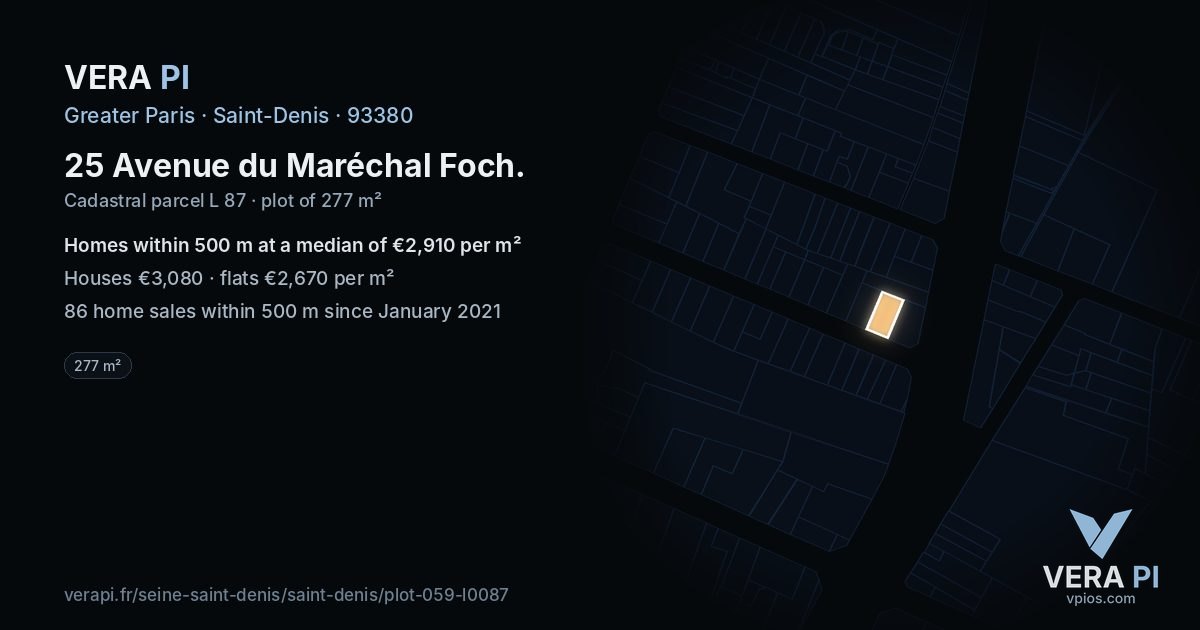 25 Avenue du Maréchal Foch, Saint-Denis at night – the plot lit, the parcels around coloured by the prices near them