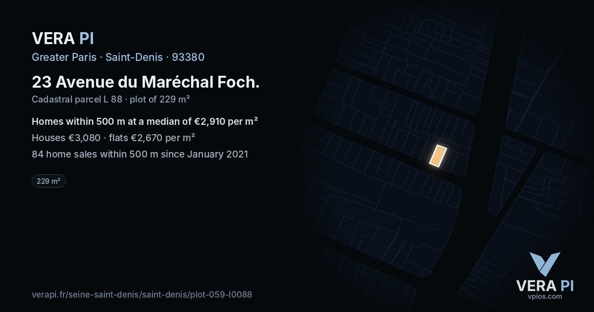 23 Avenue du Maréchal Foch, Saint-Denis at night – the plot lit, the parcels around coloured by the prices near them