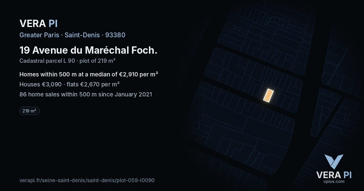 19 Avenue du Maréchal Foch, Saint-Denis at night – the plot lit, the parcels around coloured by the prices near them