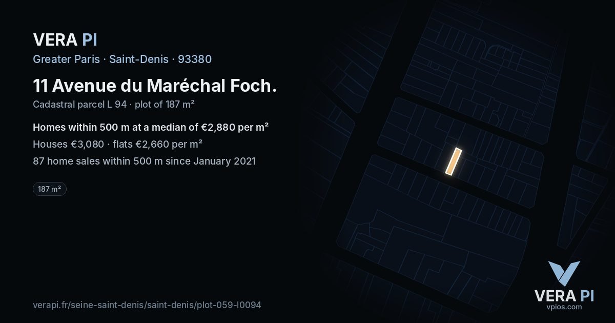 11 Avenue du Maréchal Foch, Saint-Denis at night – the plot lit, the parcels around coloured by the prices near them
