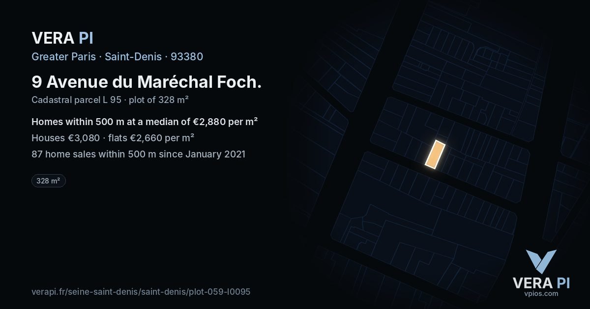 9 Avenue du Maréchal Foch, Saint-Denis at night – the plot lit, the parcels around coloured by the prices near them