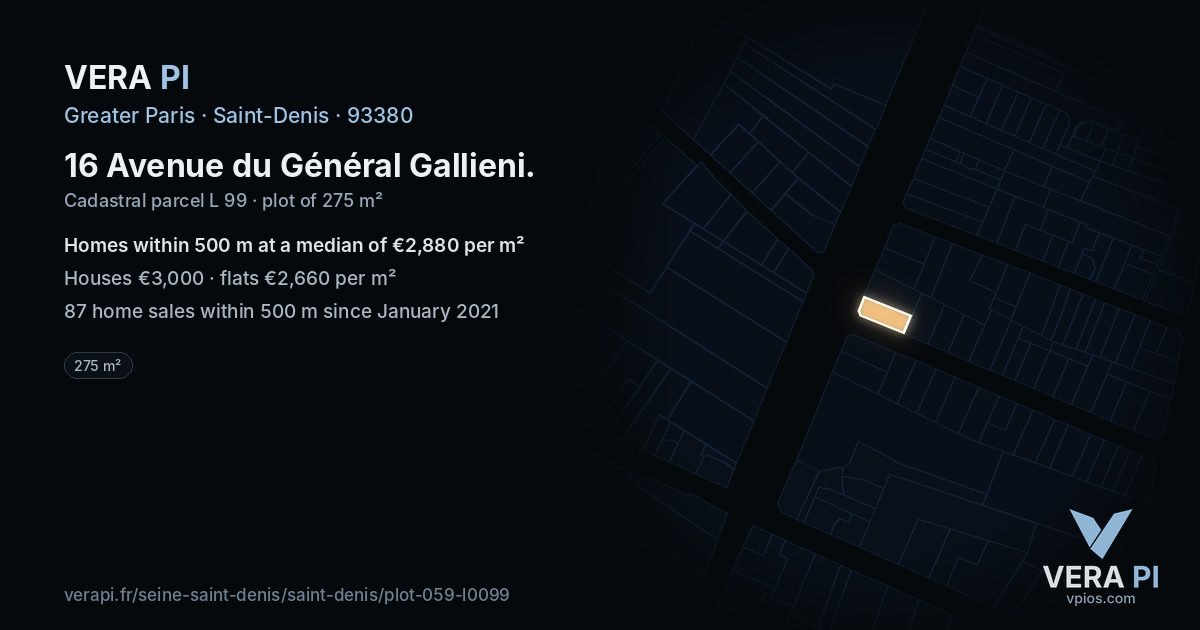 16 Avenue du Général Gallieni, Saint-Denis at night – the plot lit, the parcels around coloured by the prices near them