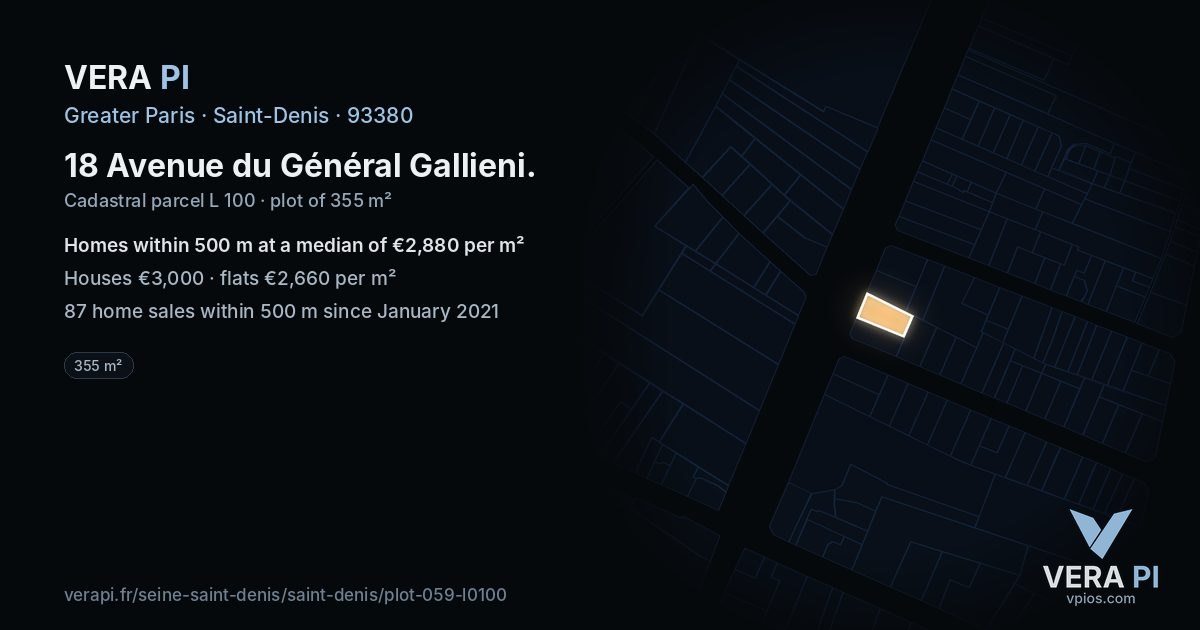 18 Avenue du Général Gallieni, Saint-Denis at night – the plot lit, the parcels around coloured by the prices near them