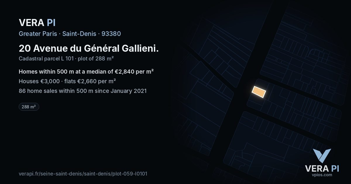 20 Avenue du Général Gallieni, Saint-Denis at night – the plot lit, the parcels around coloured by the prices near them