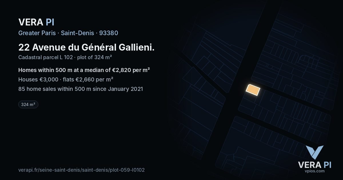22 Avenue du Général Gallieni, Saint-Denis at night – the plot lit, the parcels around coloured by the prices near them