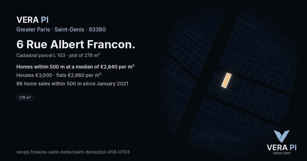 6 Rue Albert Francon, Saint-Denis at night – the plot lit, the parcels around coloured by the prices near them