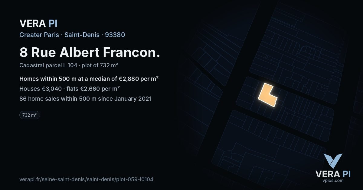 8 Rue Albert Francon, Saint-Denis at night – the plot lit, the parcels around coloured by the prices near them