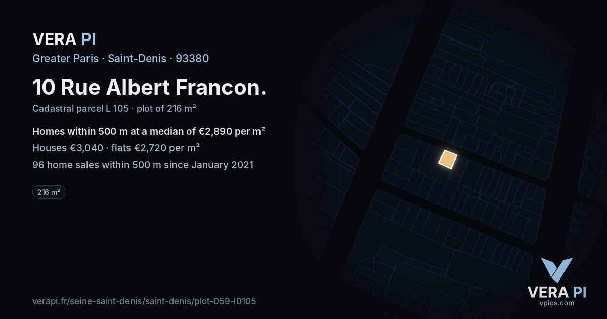10 Rue Albert Francon, Saint-Denis at night – the plot lit, the parcels around coloured by the prices near them