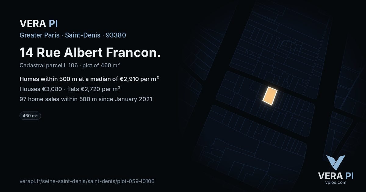 14 Rue Albert Francon, Saint-Denis at night – the plot lit, the parcels around coloured by the prices near them
