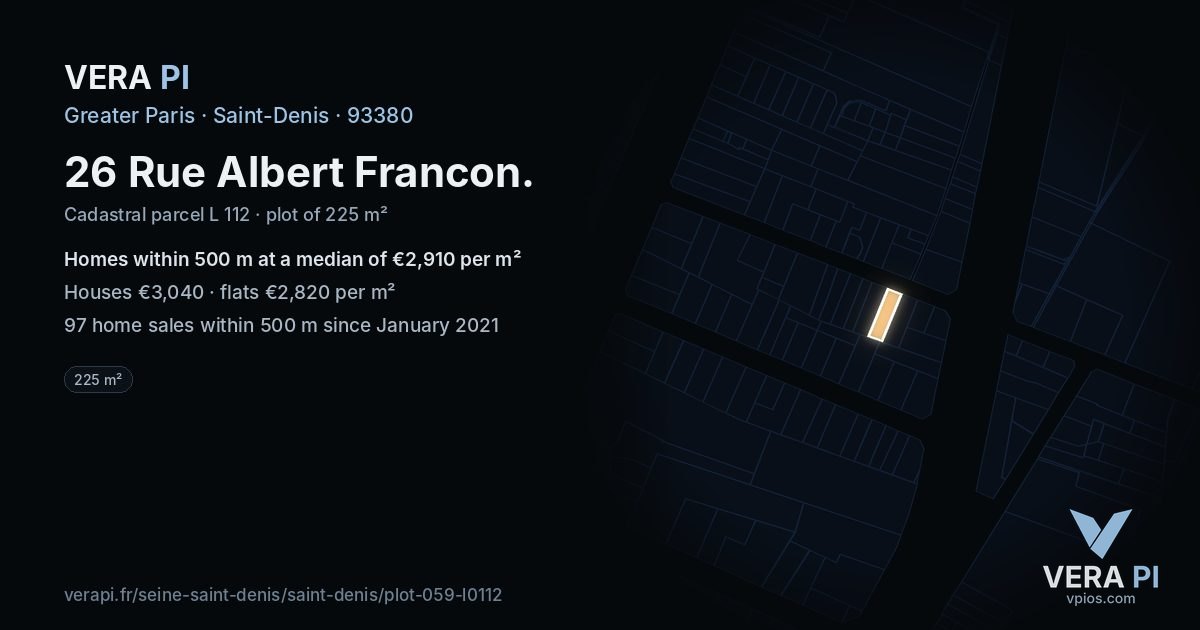 26 Rue Albert Francon, Saint-Denis at night – the plot lit, the parcels around coloured by the prices near them