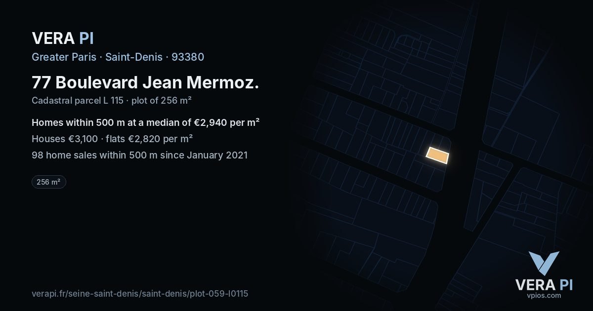77 Boulevard Jean Mermoz, Saint-Denis at night – the plot lit, the parcels around coloured by the prices near them