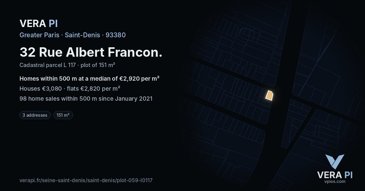 32 Rue Albert Francon, Saint-Denis at night – the plot lit, the parcels around coloured by the prices near them