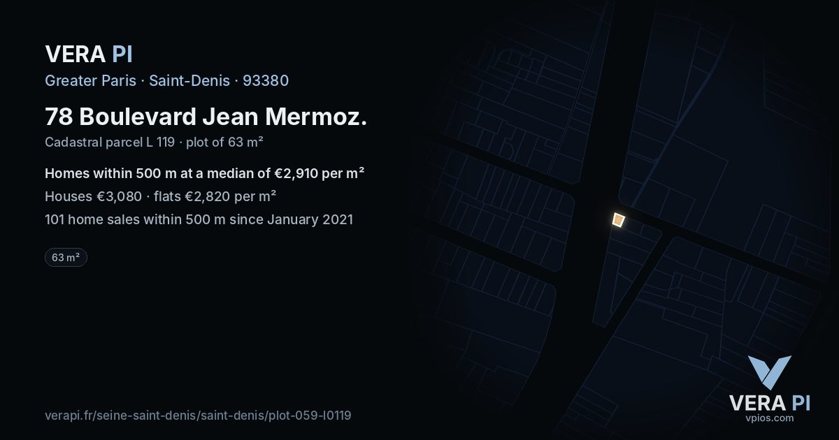 78 Boulevard Jean Mermoz, Saint-Denis at night – the plot lit, the parcels around coloured by the prices near them