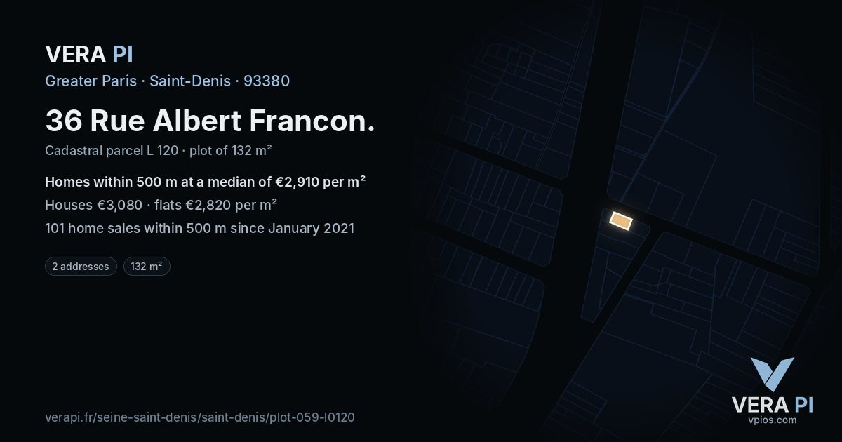 36 Rue Albert Francon, Saint-Denis at night – the plot lit, the parcels around coloured by the prices near them