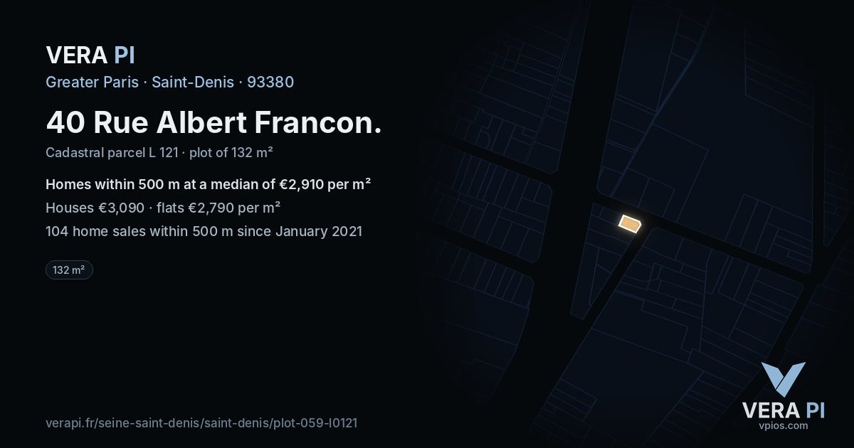 40 Rue Albert Francon, Saint-Denis at night – the plot lit, the parcels around coloured by the prices near them