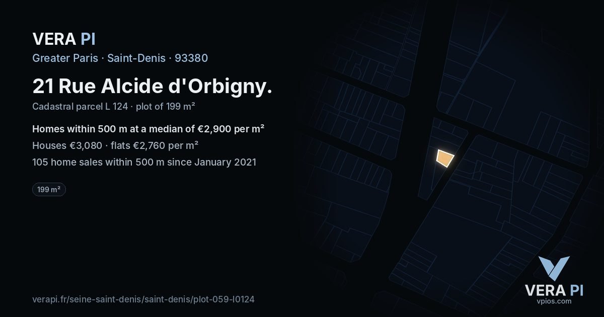 21 Rue Alcide d'Orbigny, Saint-Denis at night – the plot lit, the parcels around coloured by the prices near them
