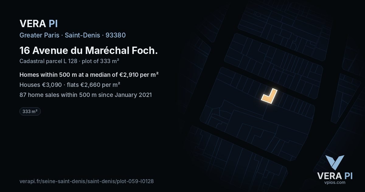 16 Avenue du Maréchal Foch, Saint-Denis at night – the plot lit, the parcels around coloured by the prices near them