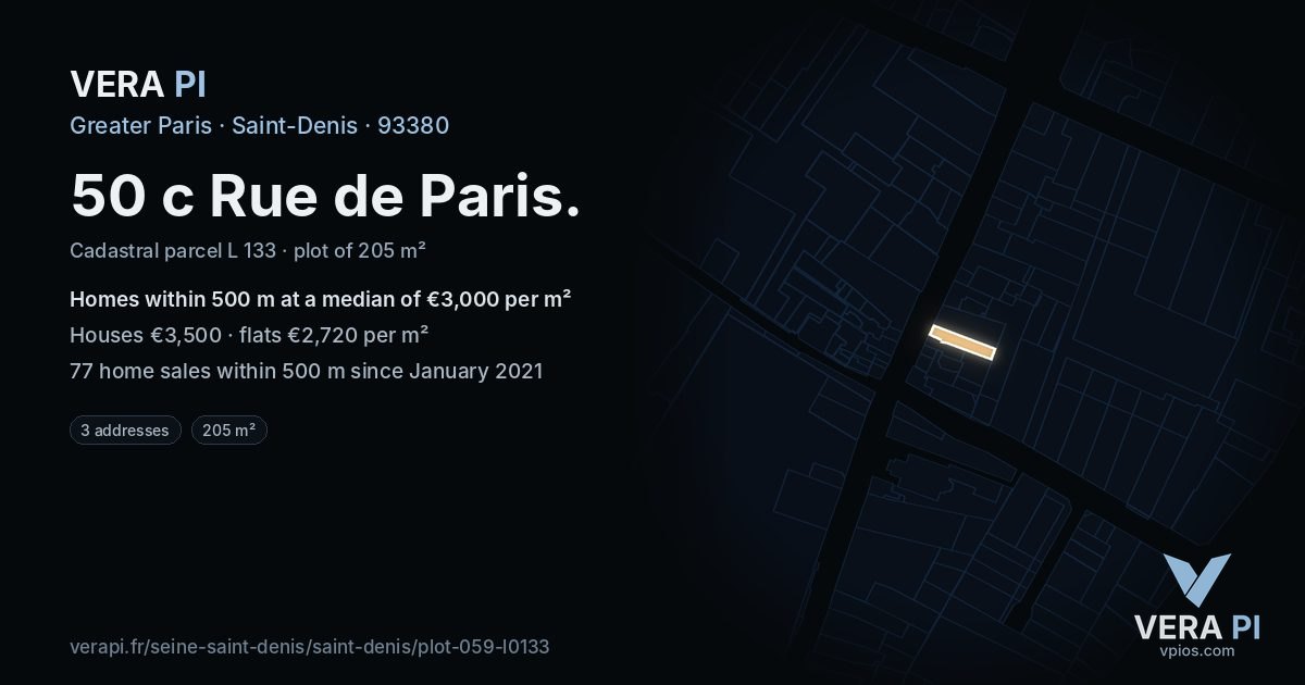 50 c Rue de Paris, Saint-Denis at night – the plot lit, the parcels around coloured by the prices near them