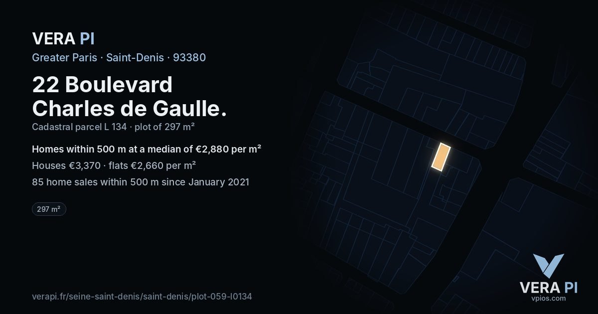 22 Boulevard Charles de Gaulle, Saint-Denis at night – the plot lit, the parcels around coloured by the prices near them