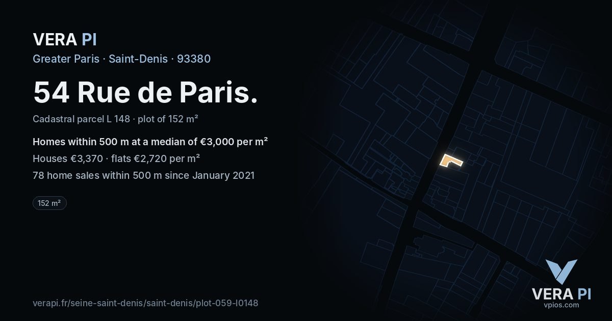 54 Rue de Paris, Saint-Denis at night – the plot lit, the parcels around coloured by the prices near them