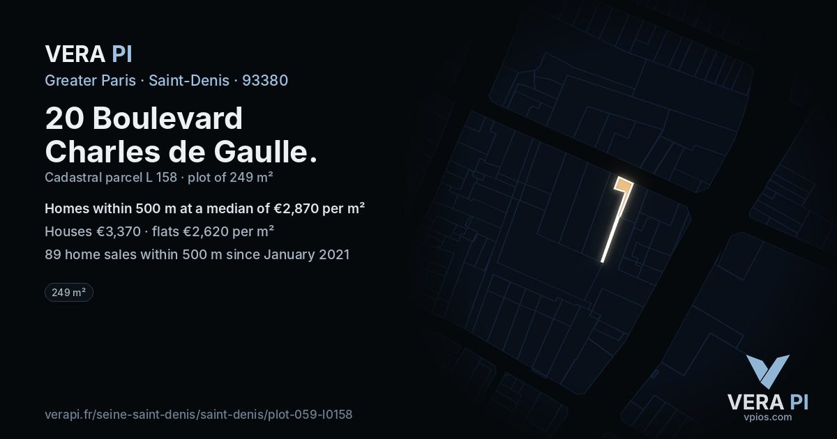 20 Boulevard Charles de Gaulle, Saint-Denis at night – the plot lit, the parcels around coloured by the prices near them