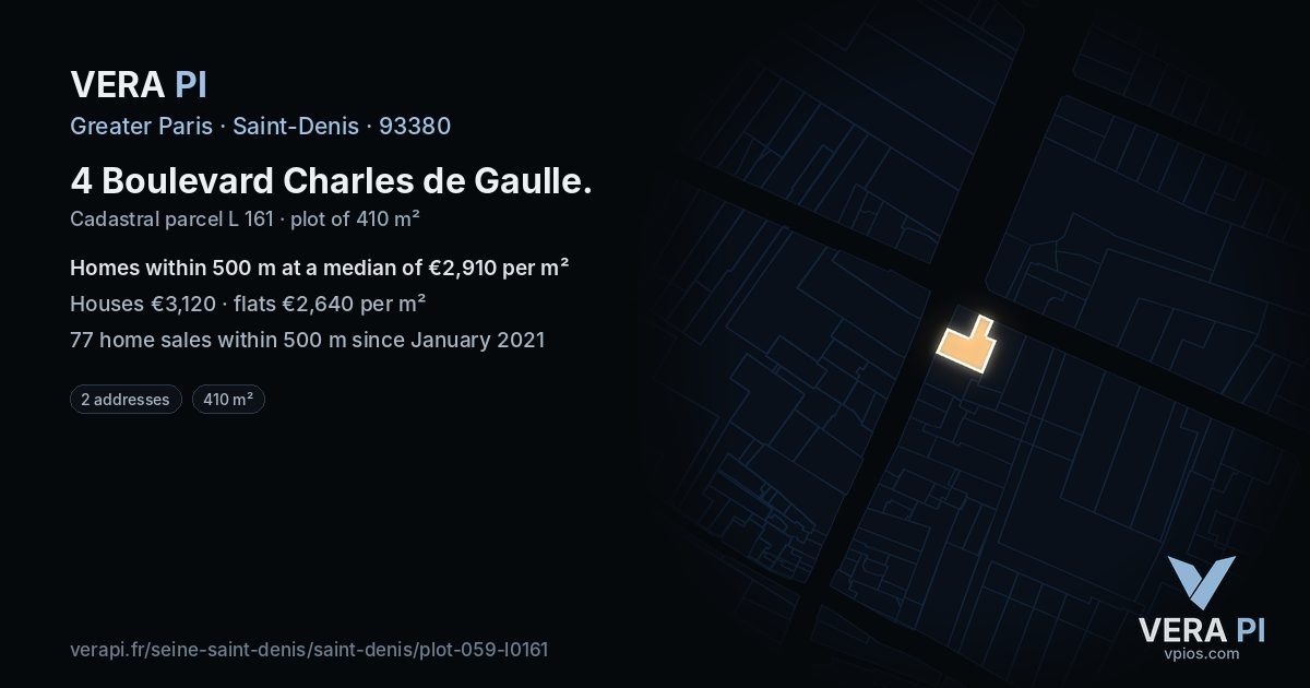 4 Boulevard Charles de Gaulle, Saint-Denis at night – the plot lit, the parcels around coloured by the prices near them