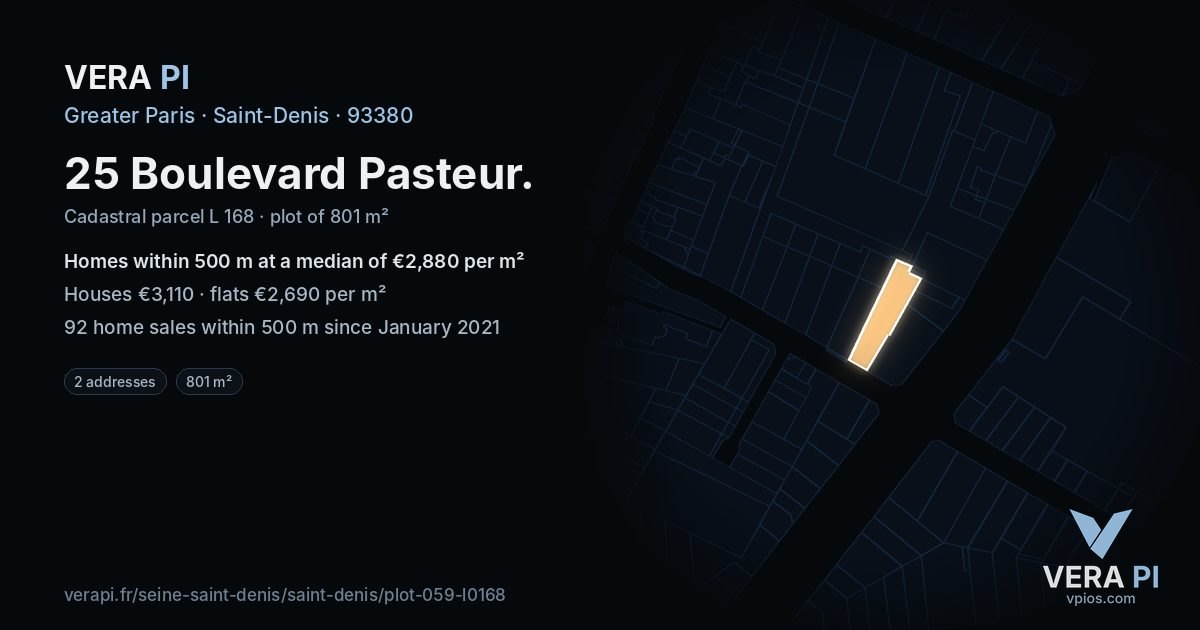 25 Boulevard Pasteur, Saint-Denis at night – the plot lit, the parcels around coloured by the prices near them