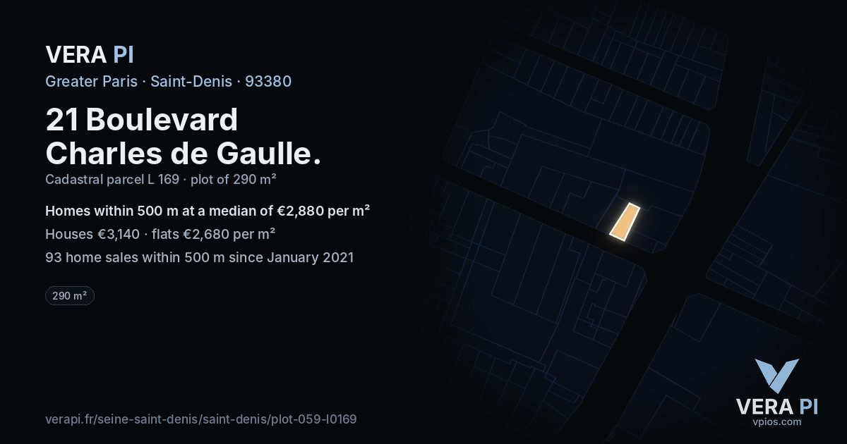 21 Boulevard Charles de Gaulle, Saint-Denis at night – the plot lit, the parcels around coloured by the prices near them