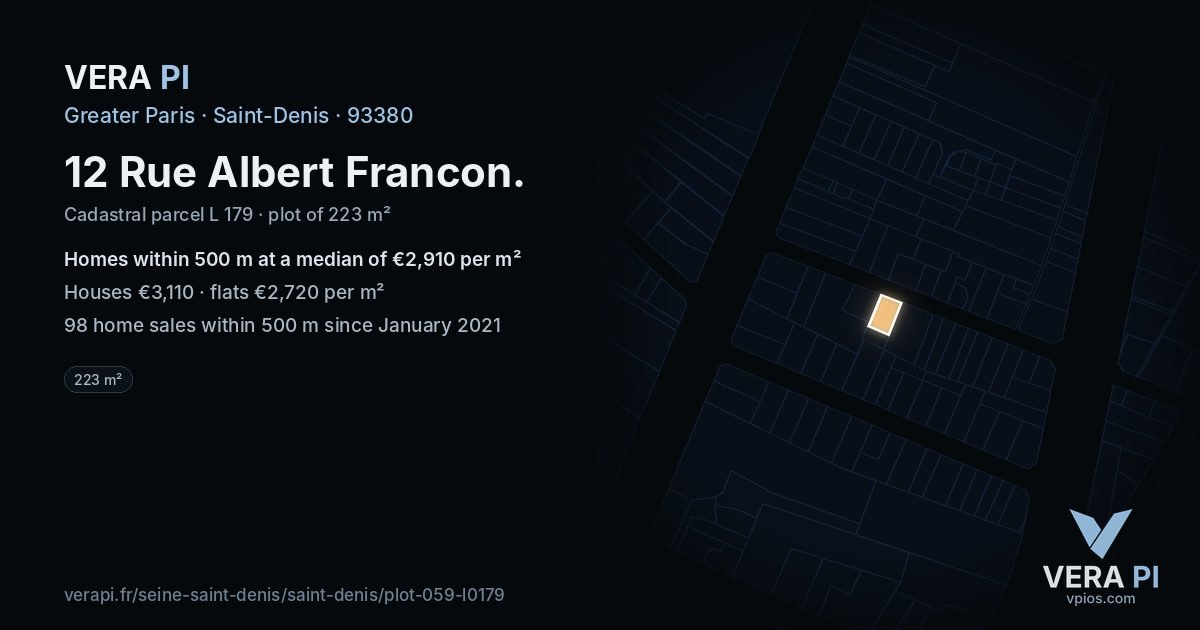 12 Rue Albert Francon, Saint-Denis at night – the plot lit, the parcels around coloured by the prices near them