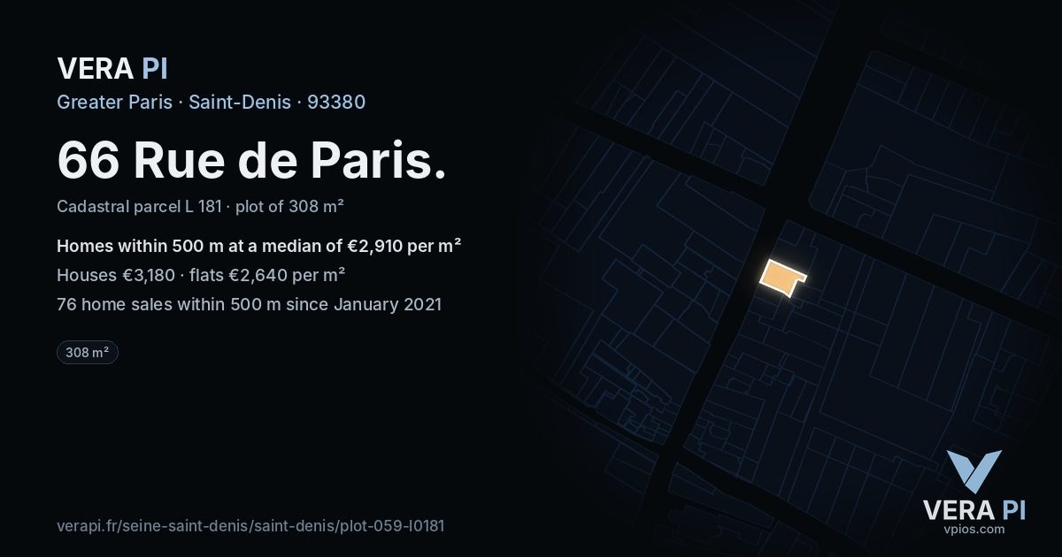 66 Rue de Paris, Saint-Denis at night – the plot lit, the parcels around coloured by the prices near them