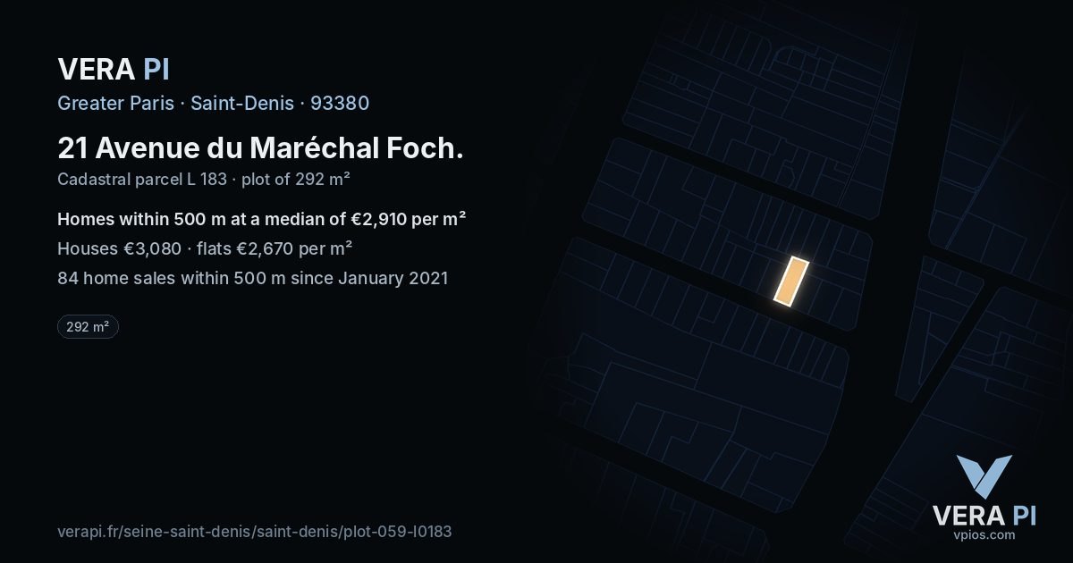 21 Avenue du Maréchal Foch, Saint-Denis at night – the plot lit, the parcels around coloured by the prices near them