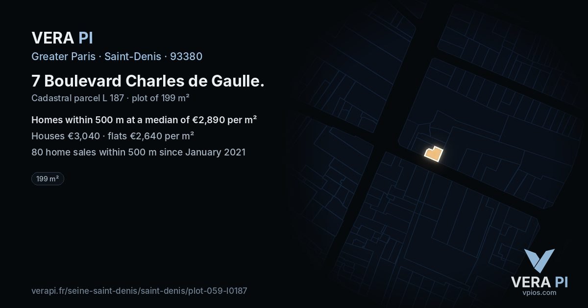 7 Boulevard Charles de Gaulle, Saint-Denis at night – the plot lit, the parcels around coloured by the prices near them