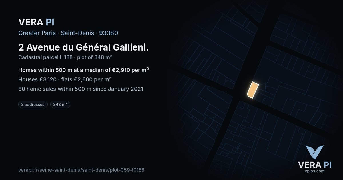 2 Avenue du Général Gallieni, Saint-Denis at night – the plot lit, the parcels around coloured by the prices near them