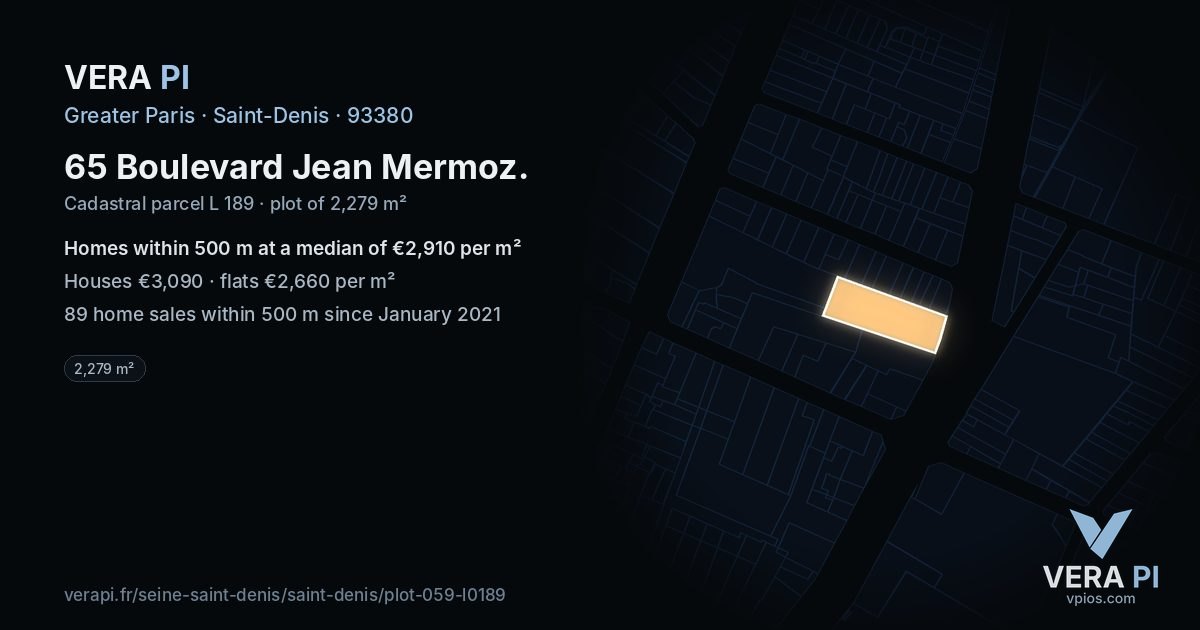 65 Boulevard Jean Mermoz, Saint-Denis at night – the plot lit, the parcels around coloured by the prices near them