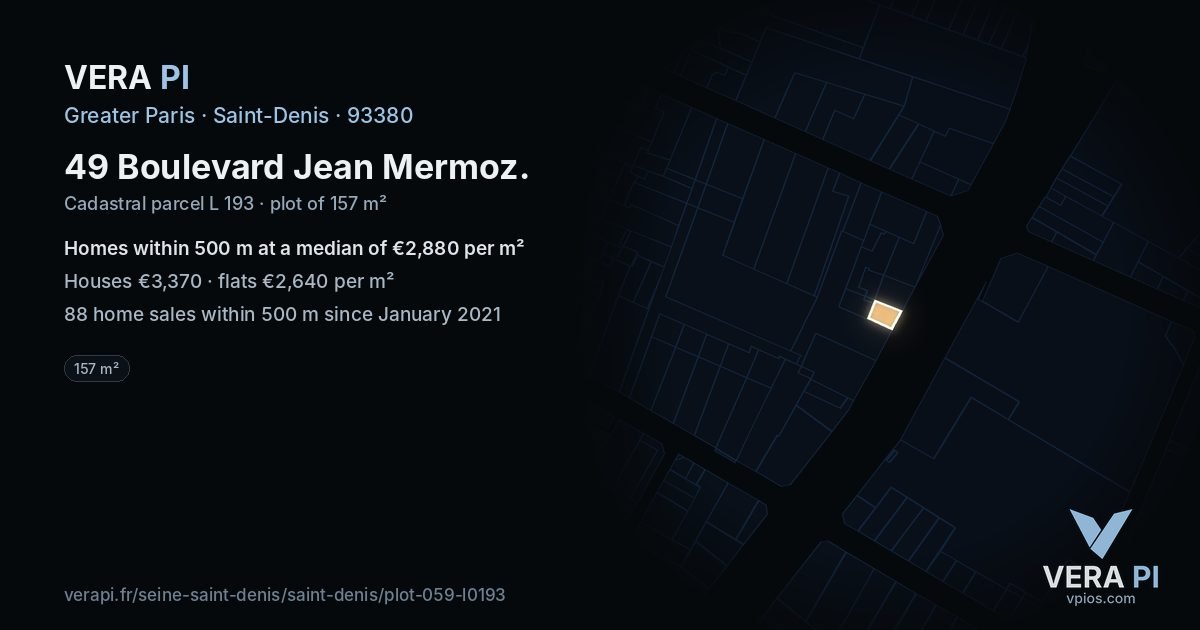49 Boulevard Jean Mermoz, Saint-Denis at night – the plot lit, the parcels around coloured by the prices near them