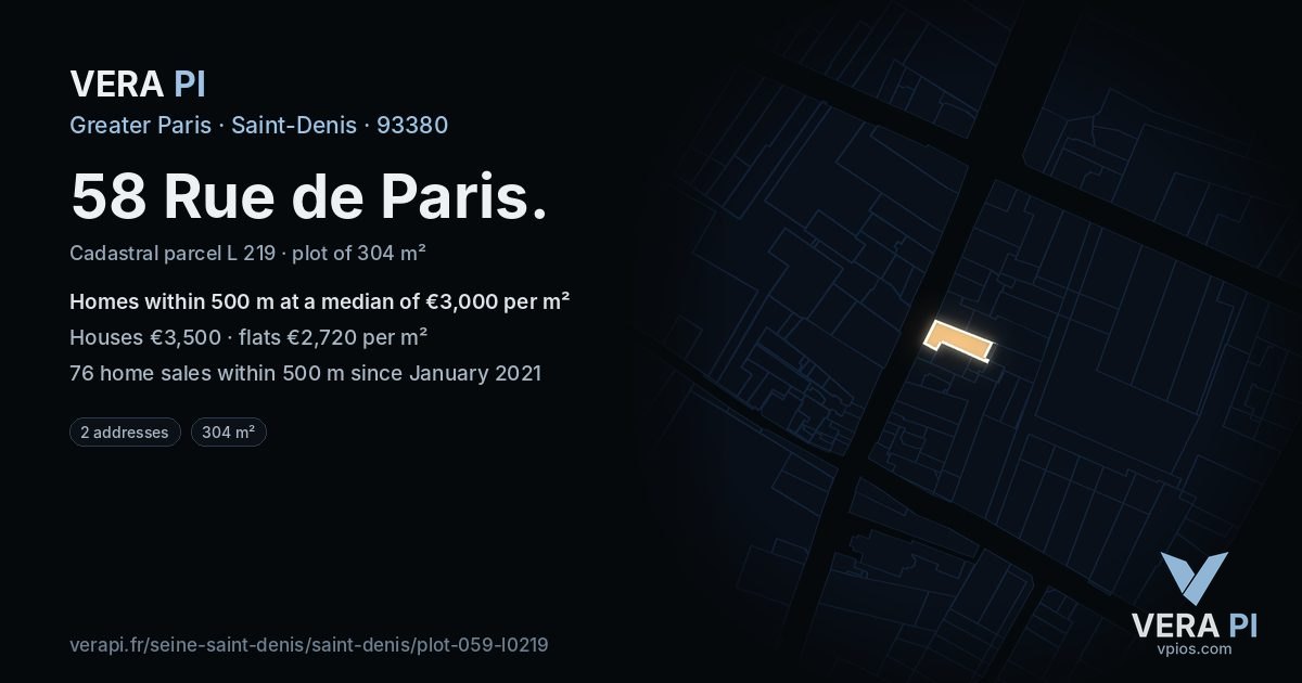 58 Rue de Paris, Saint-Denis at night – the plot lit, the parcels around coloured by the prices near them