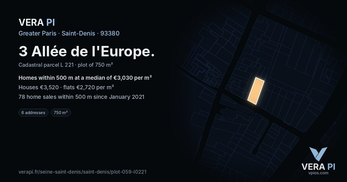 3 Allée de l'Europe, Saint-Denis at night – the plot lit, the parcels around coloured by the prices near them