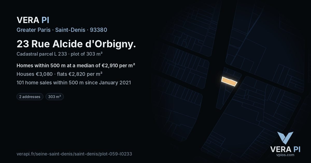 23 Rue Alcide d'Orbigny, Saint-Denis at night – the plot lit, the parcels around coloured by the prices near them