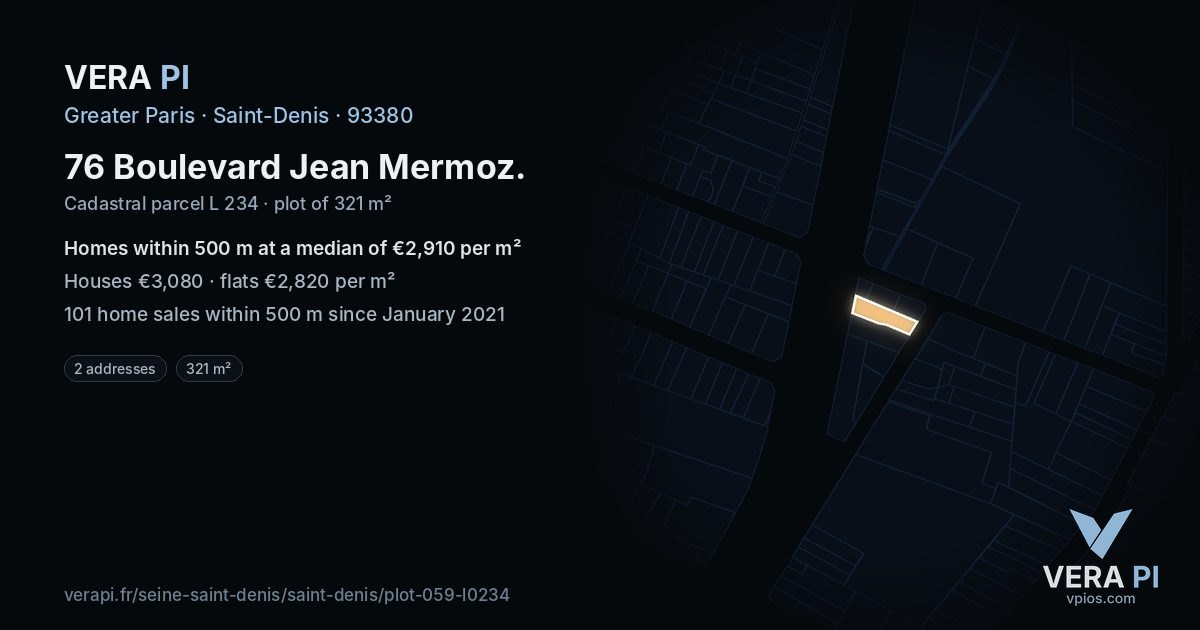 76 Boulevard Jean Mermoz, Saint-Denis at night – the plot lit, the parcels around coloured by the prices near them