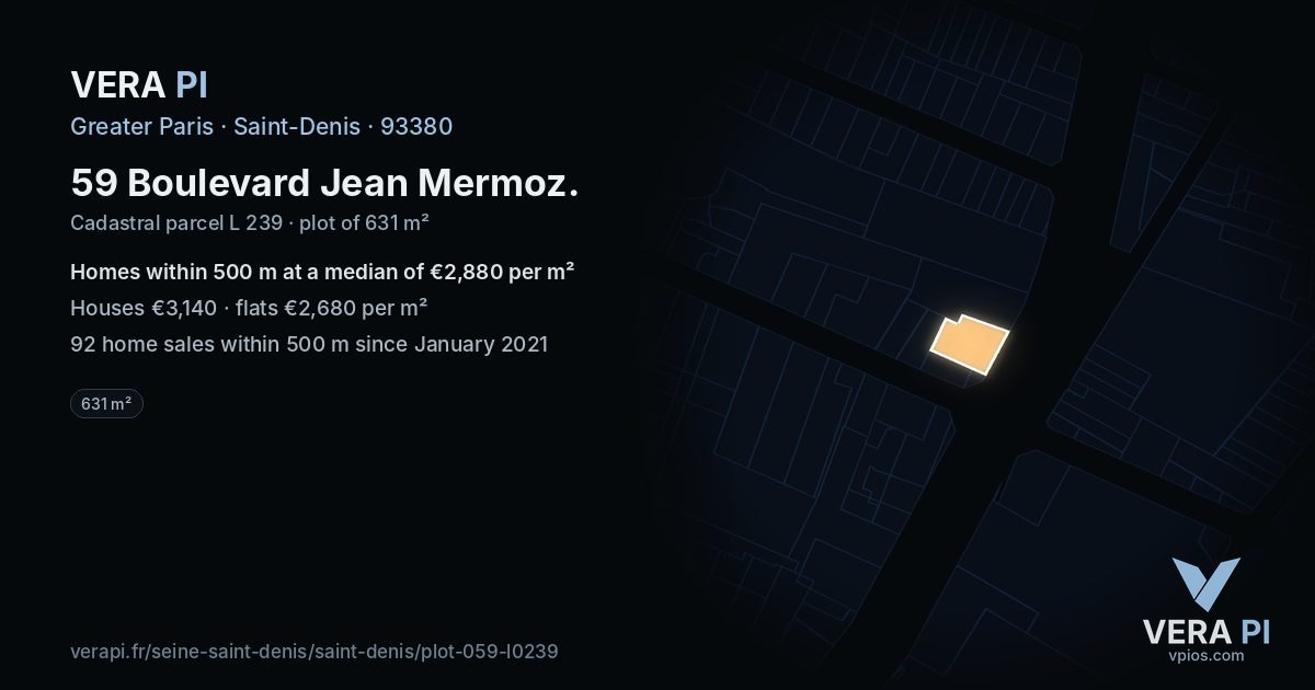 59 Boulevard Jean Mermoz, Saint-Denis at night – the plot lit, the parcels around coloured by the prices near them