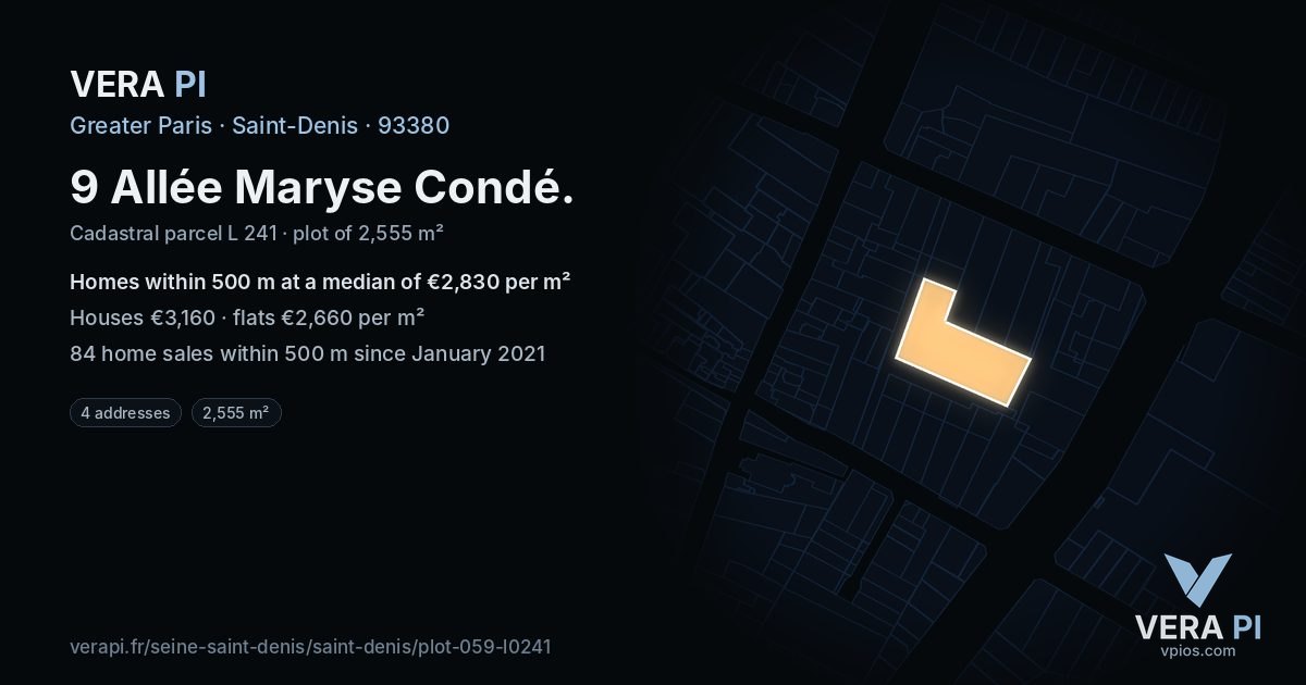 9 Allée Maryse Condé, Saint-Denis at night – the plot lit, the parcels around coloured by the prices near them