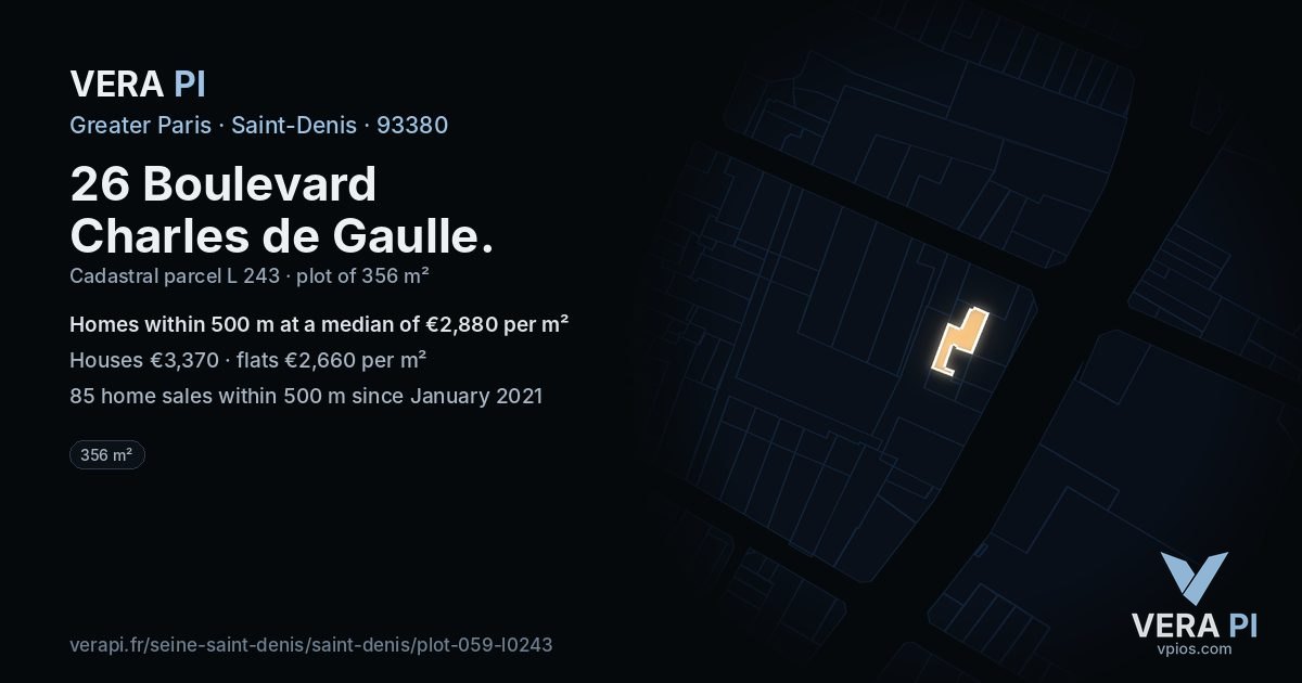 26 Boulevard Charles de Gaulle, Saint-Denis at night – the plot lit, the parcels around coloured by the prices near them
