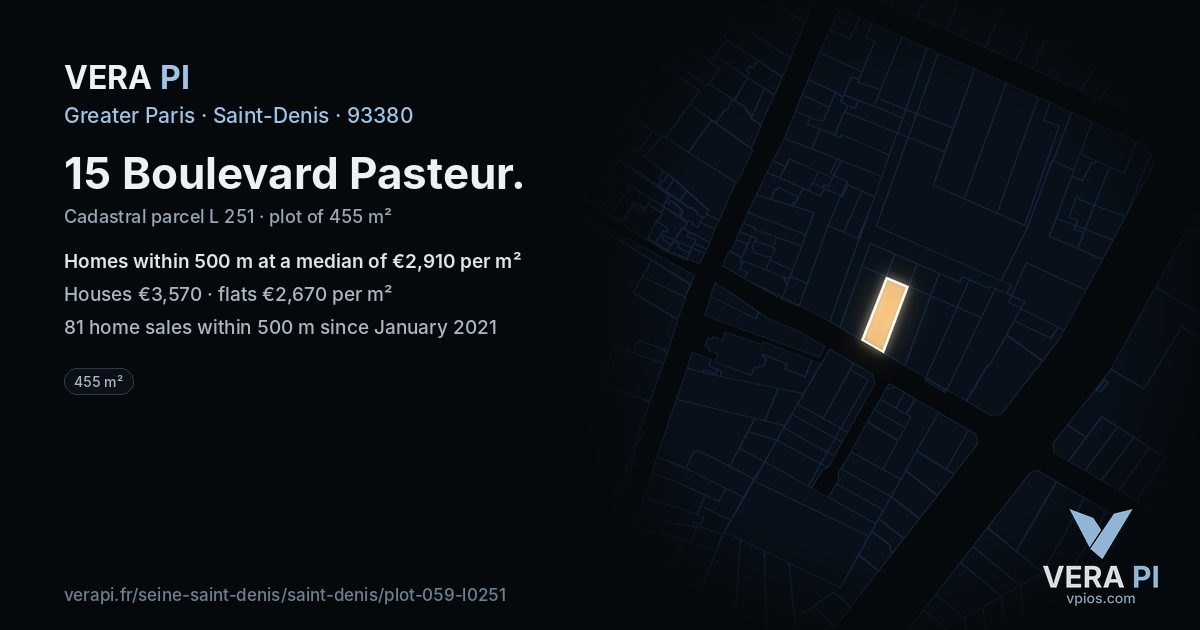 15 Boulevard Pasteur, Saint-Denis at night – the plot lit, the parcels around coloured by the prices near them