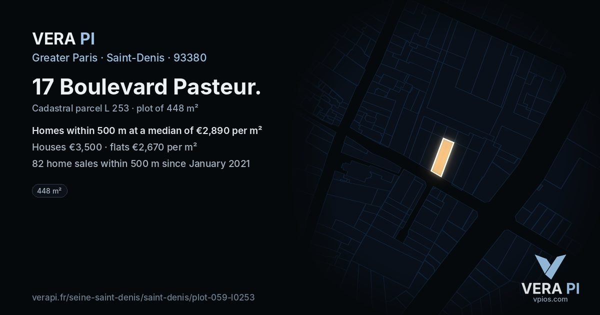 17 Boulevard Pasteur, Saint-Denis at night – the plot lit, the parcels around coloured by the prices near them