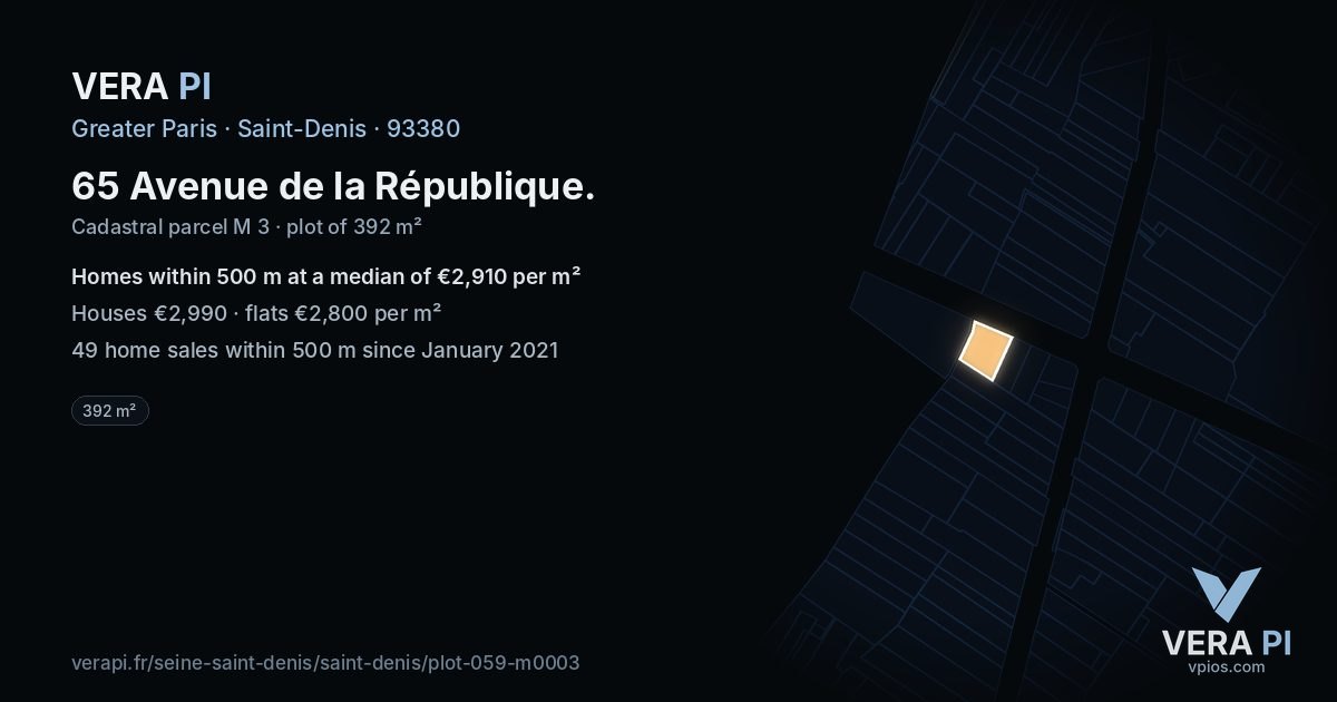 65 Avenue de la République, Saint-Denis at night – the plot lit, the parcels around coloured by the prices near them
